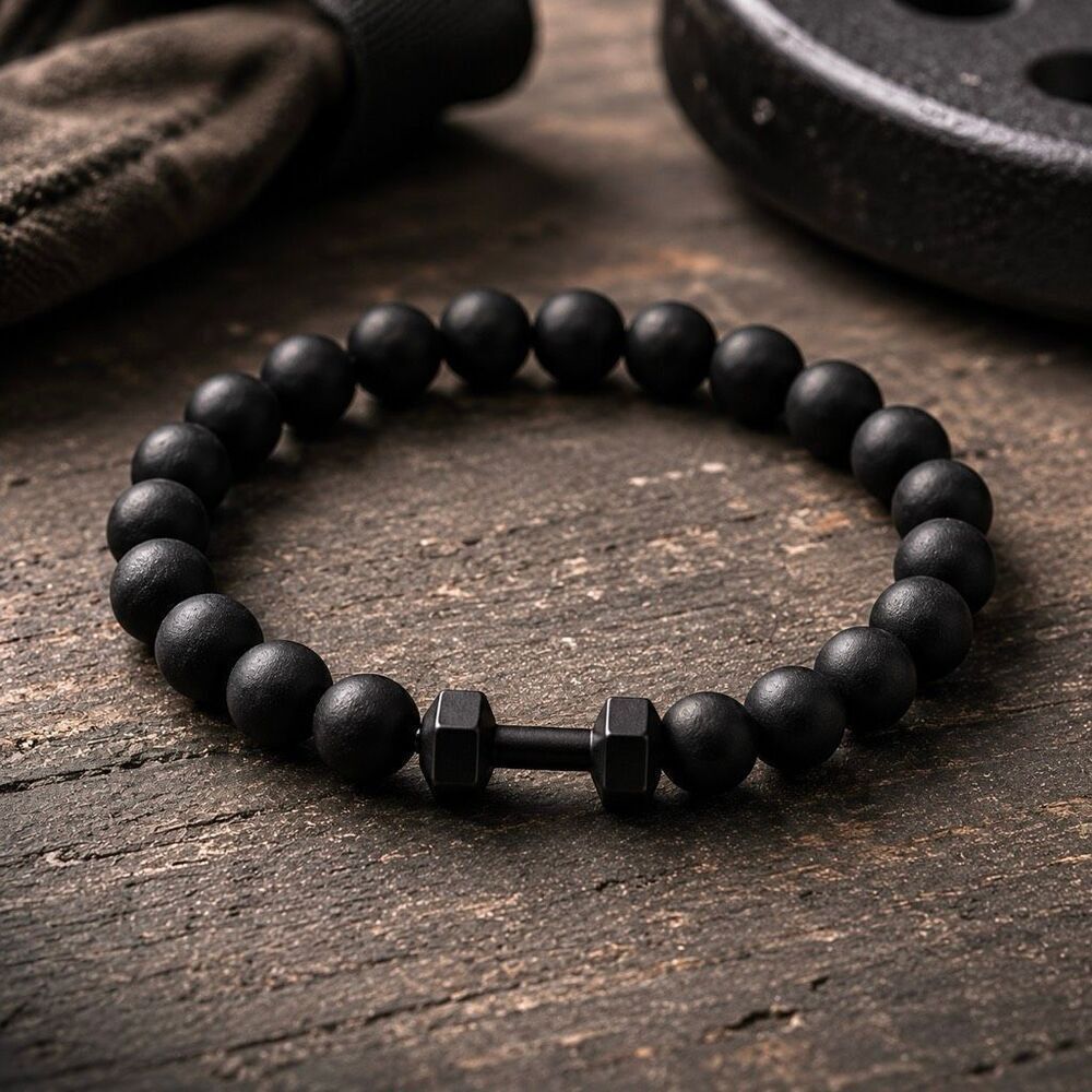 Black Bead Dumbbell Stretch Bracelet, Gym Motivational Workout Fitness